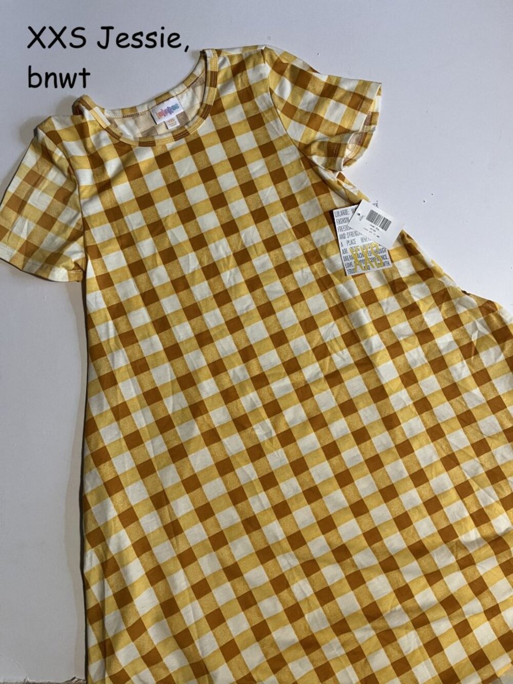 XXS Lularoe Jessie a-line dress, yellow and cream checkered gingham plaid